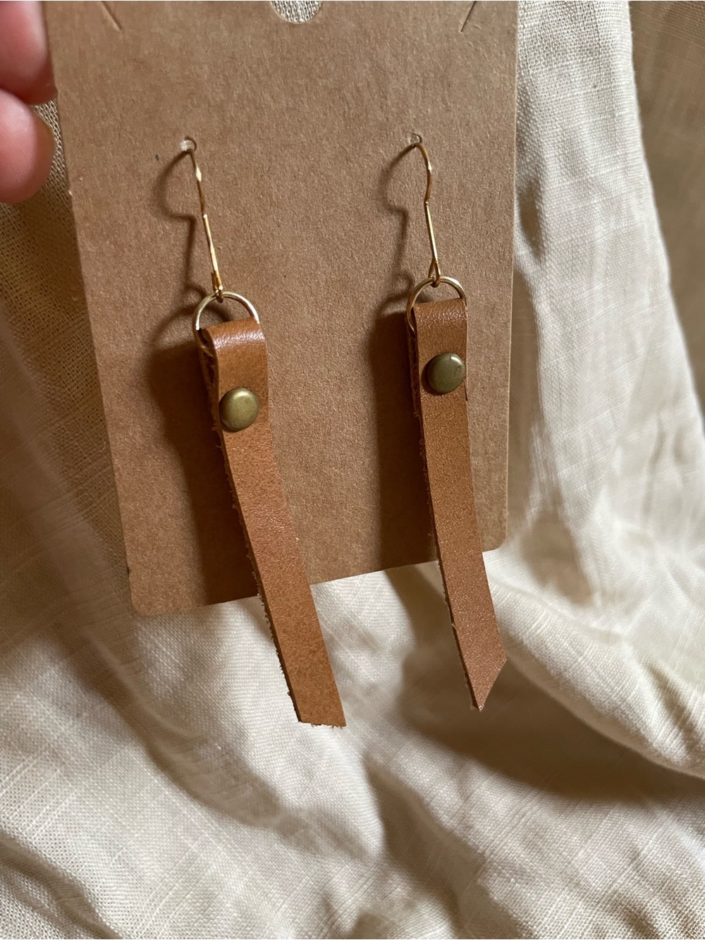 One of a Kind Handcrafted Tan Leather Drop Earrings - Minimalist Women’s Jewelry